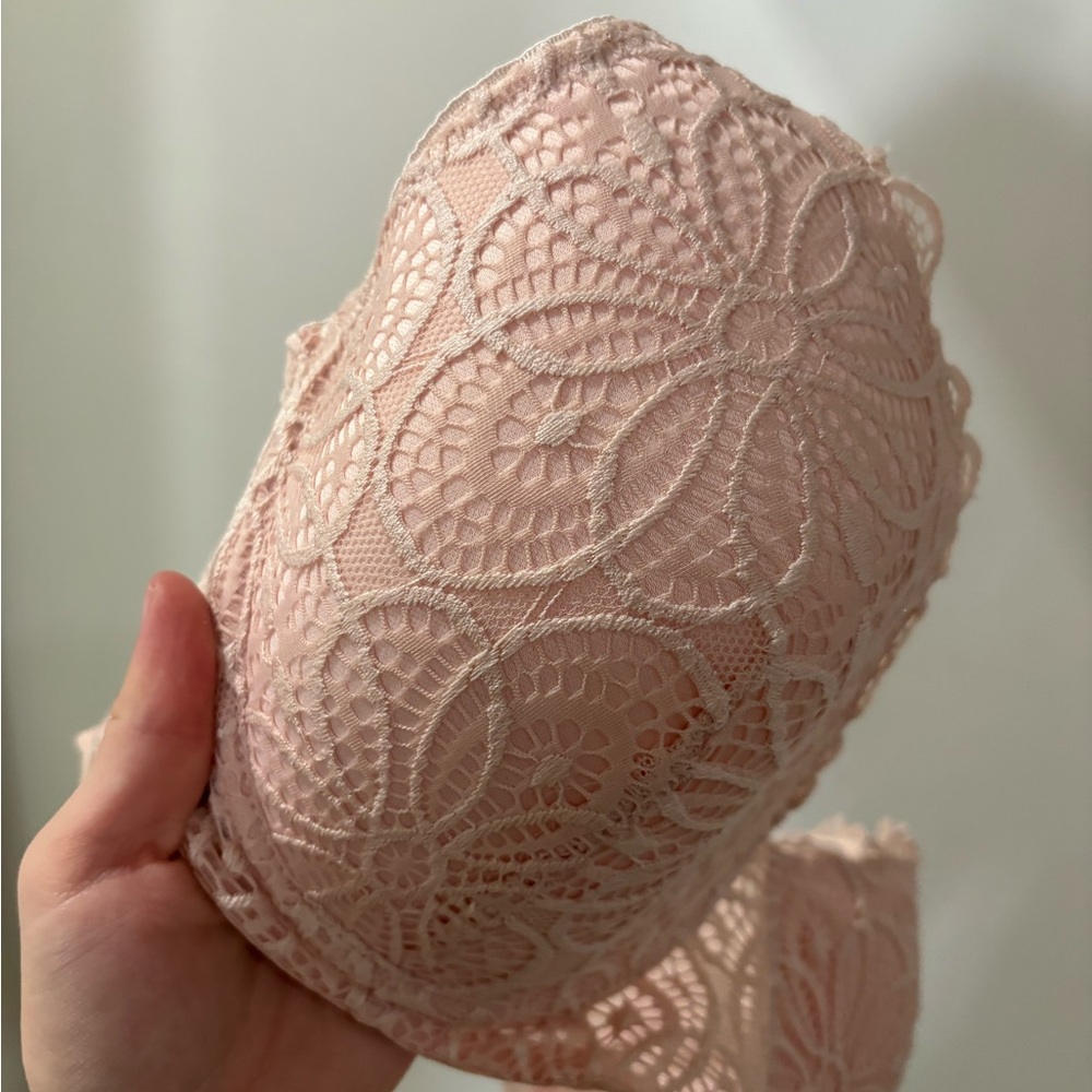 Balconette Bra 36DD Pink Lace Floral Adjustable Strap Semi-Sheer Underwire - Picture 2 of 6